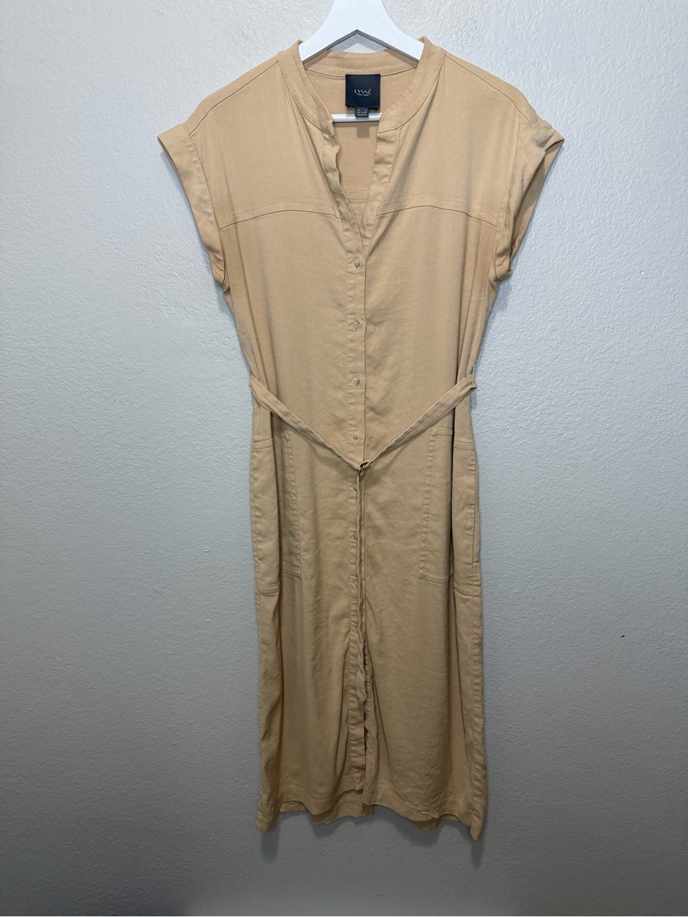 Lyssé Linen Blend Belted Button Front Shift Midi Dress Tan Size Small